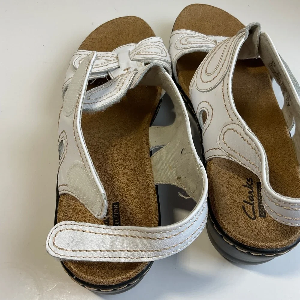 Clarks Collection Lexi Walnut Q White Leather Wedge Sandals Womens 8M 26065782